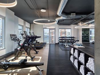 A gym with treadmills, exercise bikes, and weights.