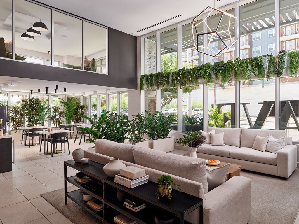 A modern living room with a large window and a green plant on the windowsill.