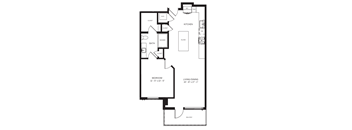 A black and white image of a floor plan for a small apartment.