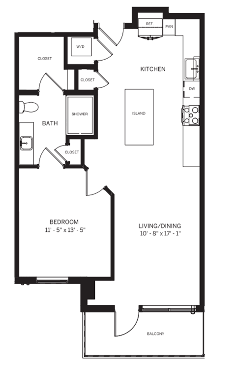 A black and white image of a floor plan for a small apartment.