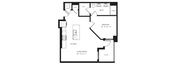 A black and white image of a floor plan for a small apartment.