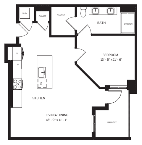 A black and white image of a floor plan for a small apartment.