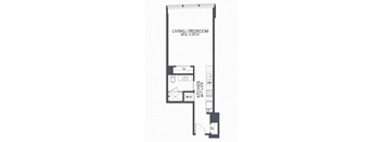 A floor plan of a living/bedroom with a kitchen area.