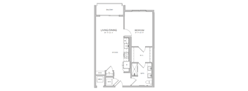 A floor plan of a small apartment with a living/dining area, kitchen, bedroom, bathroom, and a desk.