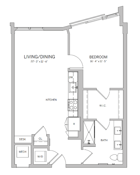 A floor plan of a small apartment with a living room, dining room, kitchen, bedroom, and bathroom.