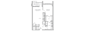A floor plan of a small apartment with a living/dining area, kitchen, bedroom, and bathroom.