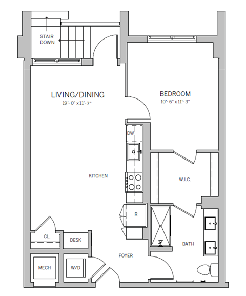 A floor plan of a small apartment with a living/dining area, kitchen, bedroom, and bathroom.
