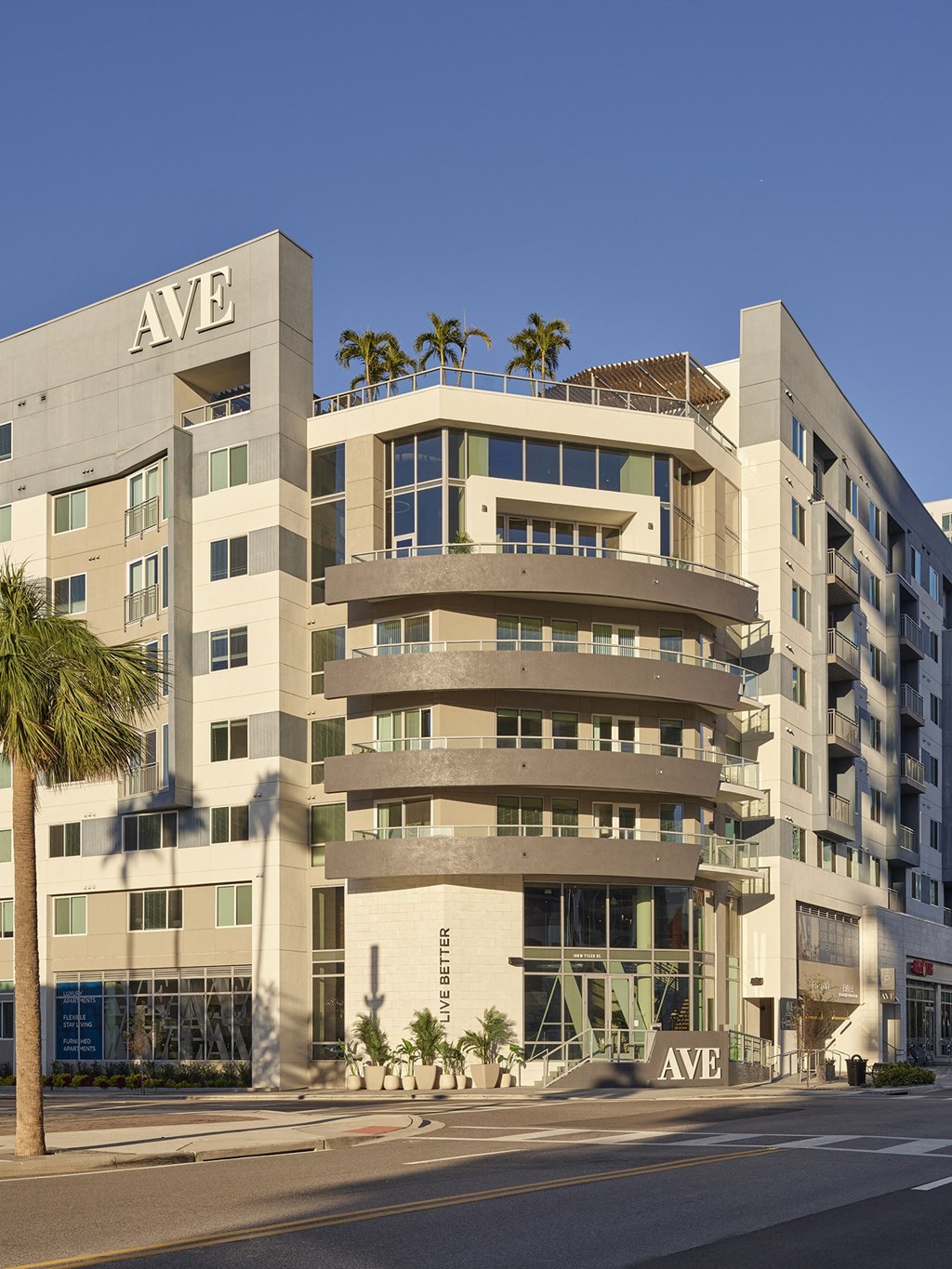 A modern building with palm trees in front.