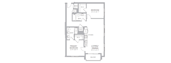 A floor plan of a home with a primary bedroom, a living/dining area, and a kitchen.