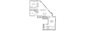 A floor plan of a house with a living room, dining room, kitchen, and two bedrooms.