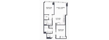 A floor plan of a two bedroom apartment with a living/dining area, kitchen, and bathrooms.