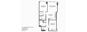 A floor plan of a B1 - Two Bedroom Deluxe apartment with 2 bedrooms and 2 bathrooms.