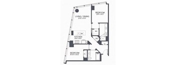 A black and white image of a floor plan for a home with a living/dining area, kitchen, and two bedrooms.