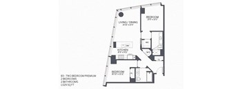 A floor plan of a B3 - Two Bedroom Premium apartment with 2 bedrooms and 2 bathrooms.