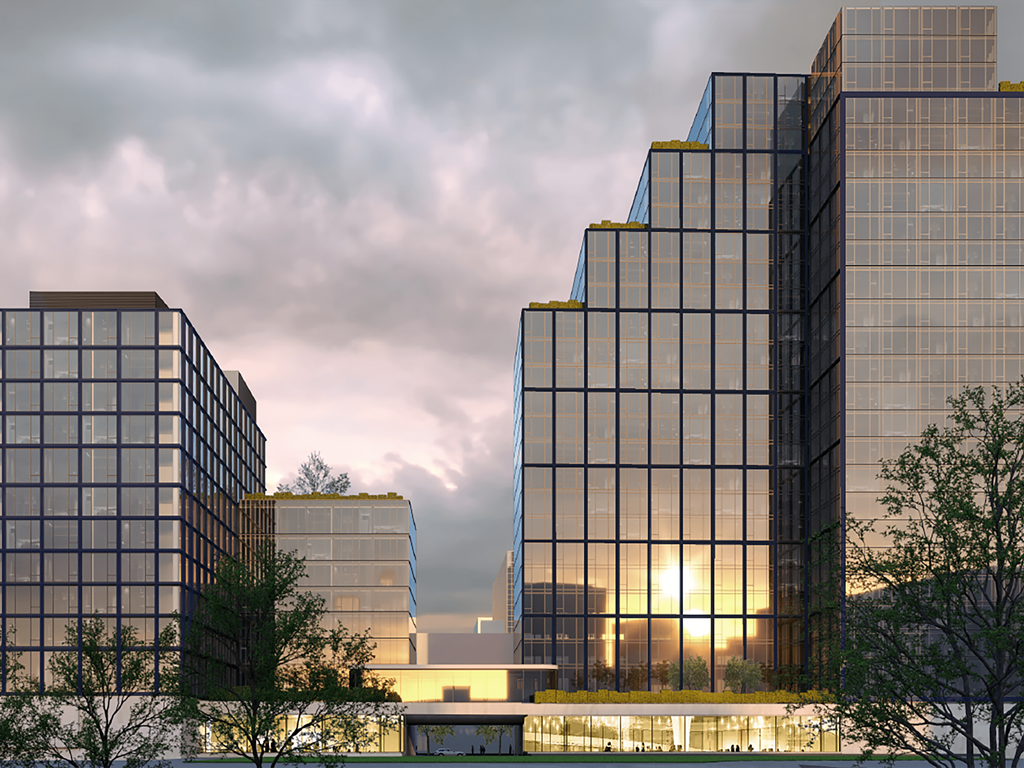 building with the sun shining between two tall buildings at AVE Hamilton Green - 25 Cottage Apartments, White Plains ,New York, 10601