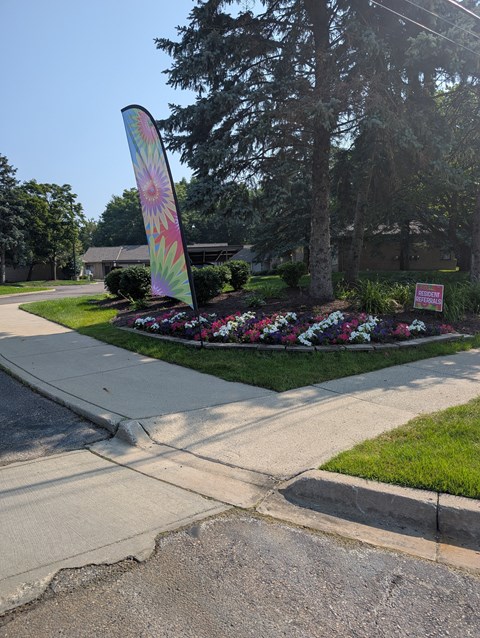 A colorful kite is stuck in a tree in a residential area.