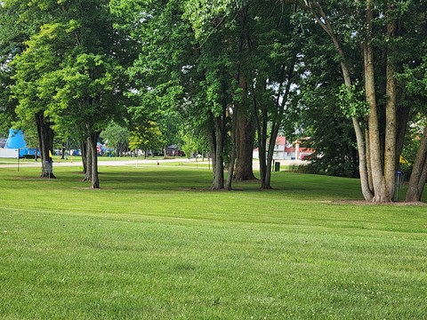 A park with a grassy area and trees.