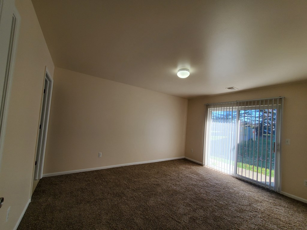 A room with a carpeted floor and a sliding glass door leading outside.