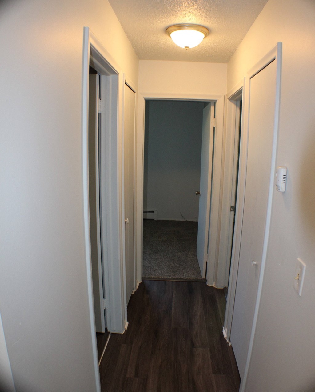 a room with three doors and a hallway with a hard wood floor and white walls