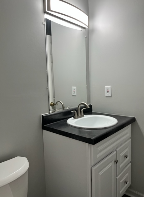 a bathroom with a sink and a mirror and a toilet