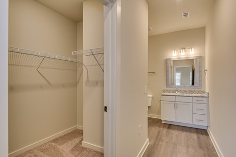 Bathroom sink with framed mirror and open door to large closet at The Augustan, Georgia