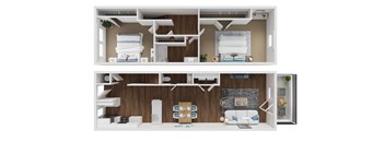 A 3D rendered image of a modern, minimalist bedroom and living room.