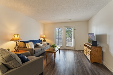 A living room with a grey couch, a wooden coffee table, a lamp, a TV, and a window with a view of trees.
