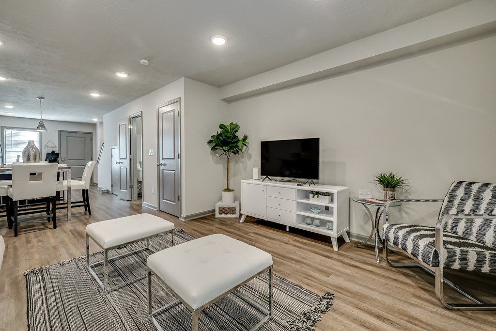 an open living room and dining room with a tv and a table and chairs