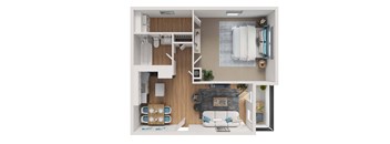 A modern apartment layout with a kitchen, living room, and bathroom.