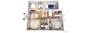 3D floor plan of 3-bed townhome with garage