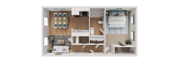 A modern apartment layout with a kitchen, living room, and bedroom