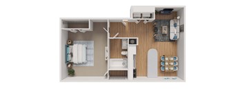 A top-down view of a small apartment with a bed, desk, and kitchenette.