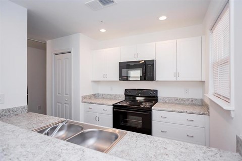 a kitchen with a stove and a sink and a microwave