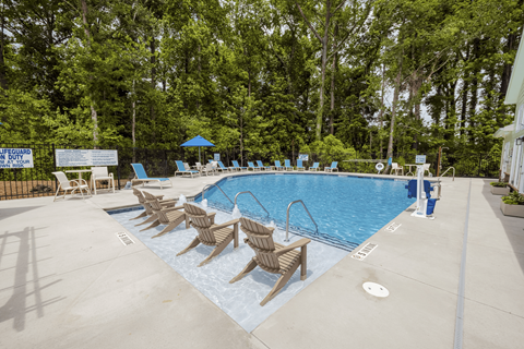 A pool surrounded by trees and chairs.