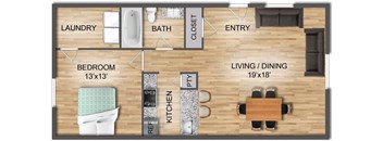 2D Lagoon floor plan of 1 bed, 1 bath apartment