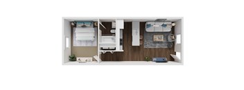 A dollhouse with a bedroom, living room, and kitchen.