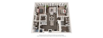 Stylized 3D floor plan of 2-bed 1,102 sq ft at the augustan in augusta, ga