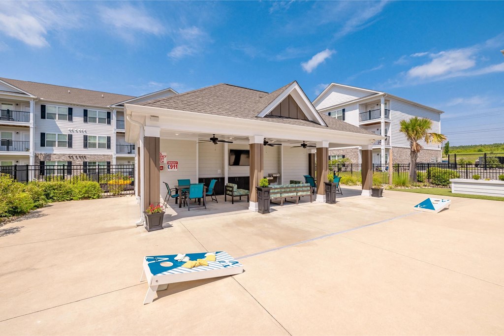 Cabana with cornhole boards