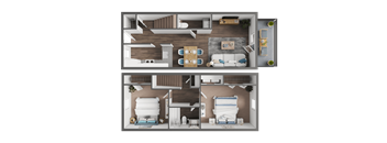 A top-down view of a two-bedroom apartment layout.