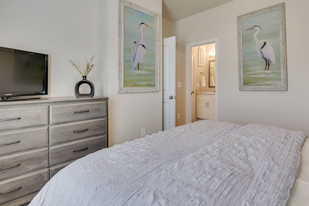 a bedroom with a bed and dresser