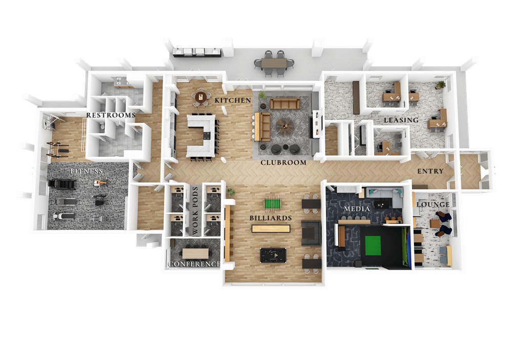 3d floor plan of a house with bedrooms and a garage