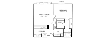 A floor plan for a Juliette Balcony apartment with a living/dining area, kitchen, and bedroom.