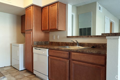 a kitchen with a sink and a dishwasher and a mirror