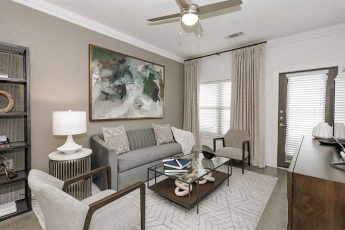Living Room Interior at Cue Luxury Apartments, Cypress