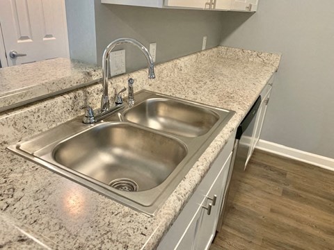 A kitchen sink with a granite countertop and a faucet.