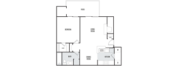 A floor plan of a house with a patio, bedroom, living room, bathroom, dining room, and kitchen.
