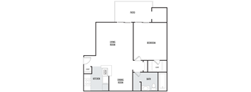 A floor plan of a house with a living room, kitchen, dining room, bedroom, bathroom, and patio.