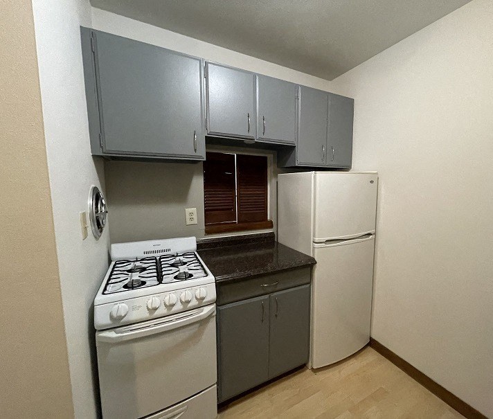 a kitchen with a stove and a refrigerator