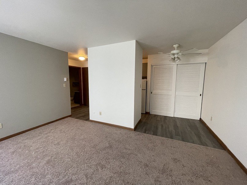 an empty living room with a closet and a ceiling fan