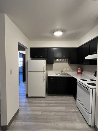 an empty kitchen with white appliances and black cabinets